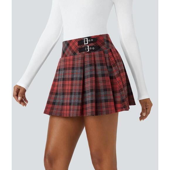 Halara Dresses & Skirts - NWT Halara High Waisted Decorative Buckle 2-in-1 Plaid Pleated Mini Skirt - XS